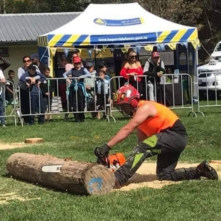 Arborista a cortar um tronco com motosserra ao ar livre